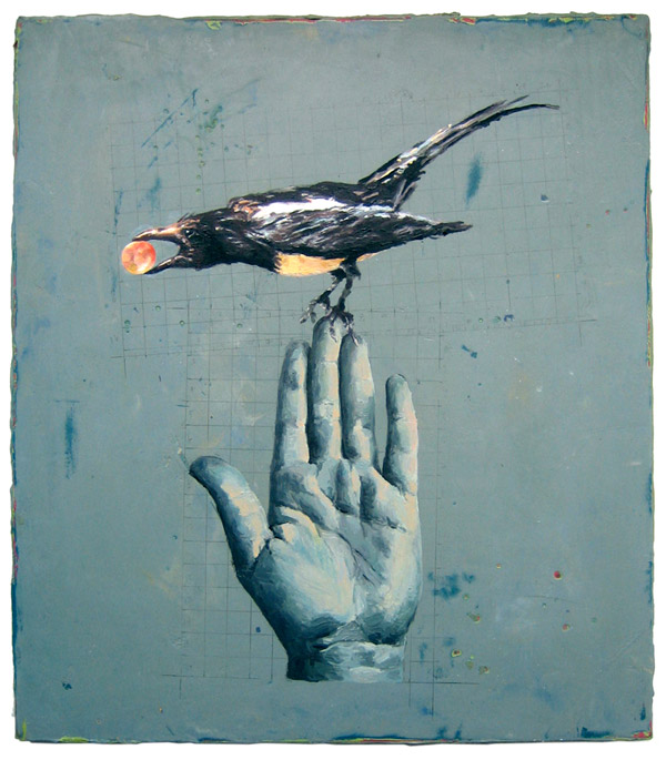 magpie gina-fiedel painting 14x16 oil on wood 2012