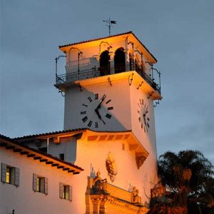 Santa Barbara Courthouse tower at dusk