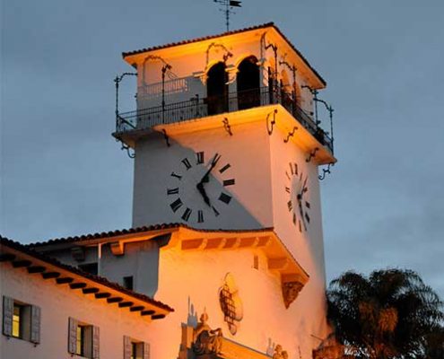Santa Barbara Courthouse tower at dusk