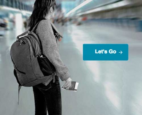 Young woman in an airport with backpack and "Let's Go" button