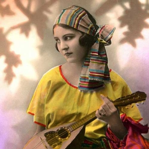 Fat Eyes website portfolio, Cathy Berry hand colored archival photo of musician in traditional dress